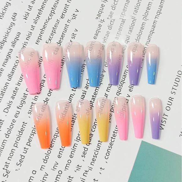 2/ $15 Rainbow Ombre Long Coffin Press On Nails Fake False 20 Pc Nail Kit - Picture 2 of 2